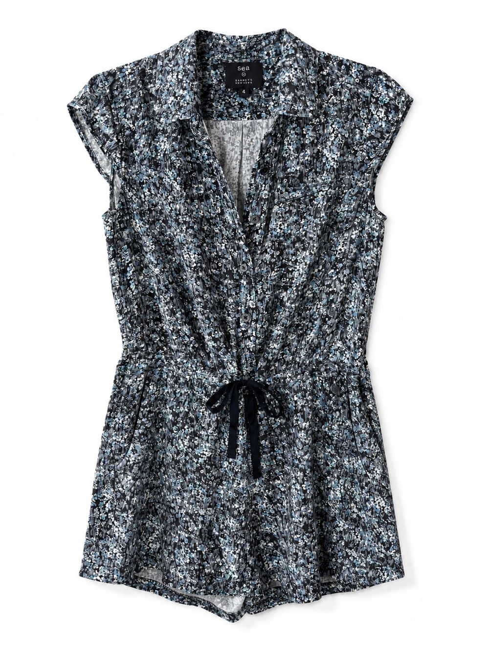 Sea New York Silk Floral Romper Size 4 Blue Gray Drawstring